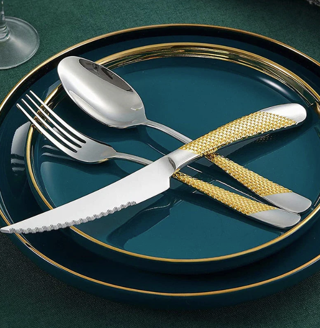 The Ferran Diagonal Textured Stainless Steel Cutlery Set ready for a family gathering, perfect for any occasion.