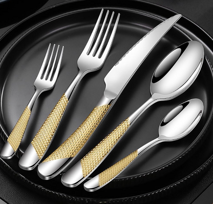 Ferran Diagonal Textured Stainless Steel Cutlery Set, showcasing forks, knives, and spoons in a luxurious arrangement.