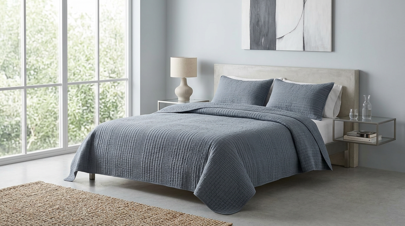 Blue-Grey Farmhouse Cotton Quilt Set – Lightweight All-Season Coverlet
