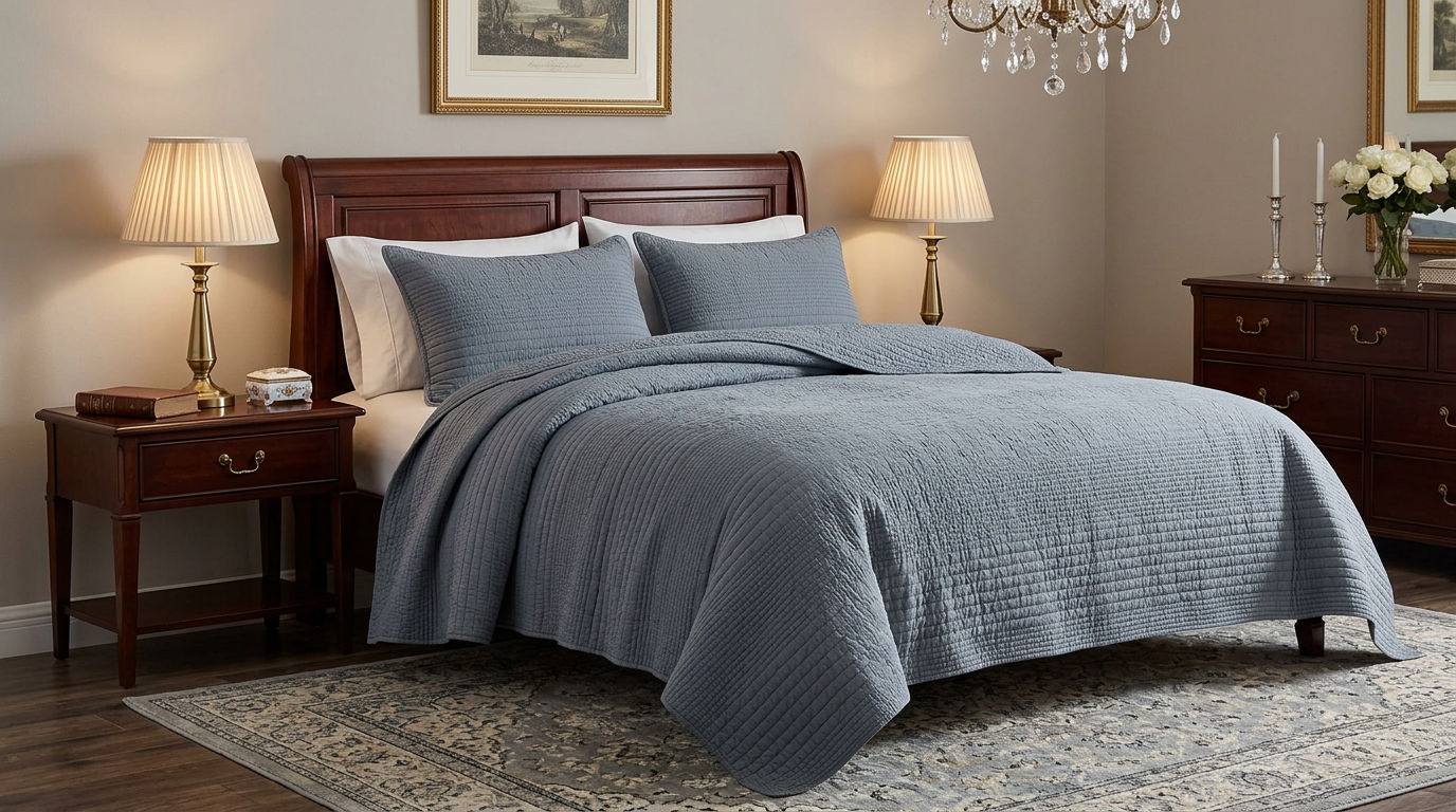Blue-Grey Farmhouse Cotton Quilt Set – Lightweight All-Season Coverlet