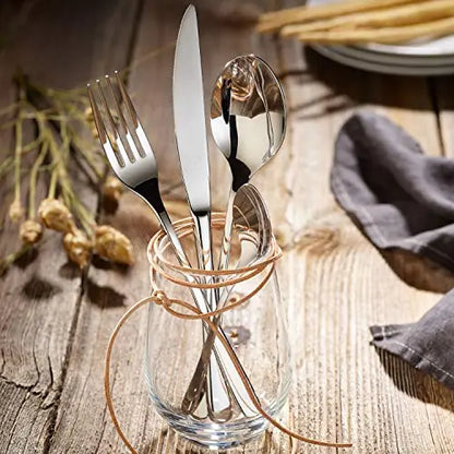 Elegant 18/10 Stainless Steel Flatware Set for 6 with a beautiful dinner setup, reflecting the perfect blend of style and practicality in this must-have stainless steel flatware set.