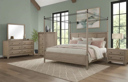 Wilmington Canopy Bedroom Set in Sand by HomelyOasis - Modern transitional 4-piece canopy bedroom set including bed, dresser, mirror, and nightstand.