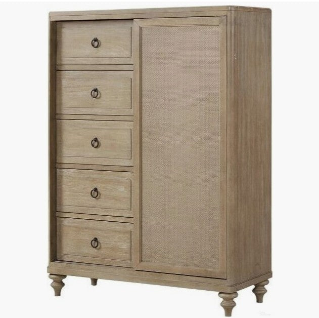 Wilmington Canopy Bedroom Set in Sand with ambient string lights hanging from the canopy frame for a boutique hotel feel.