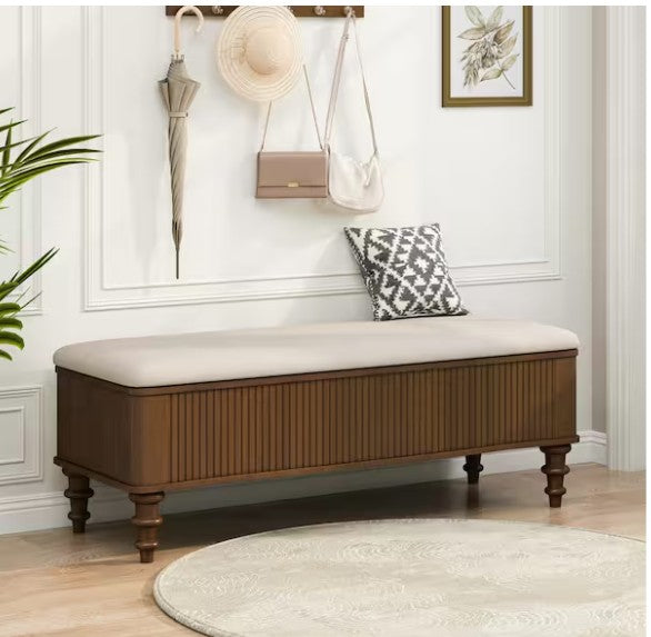 Durable rubberwood legs of the 50.8” Linen Storage Ottoman Bench highlighting its solid structure - a reliable storage ottoman bench.