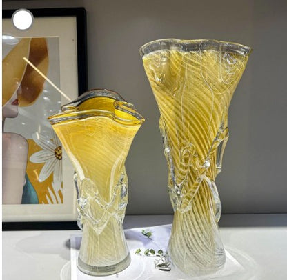 Luminous Yellow Swirl Art Glass Vase – Hand-Blown Luxury Centerpiece