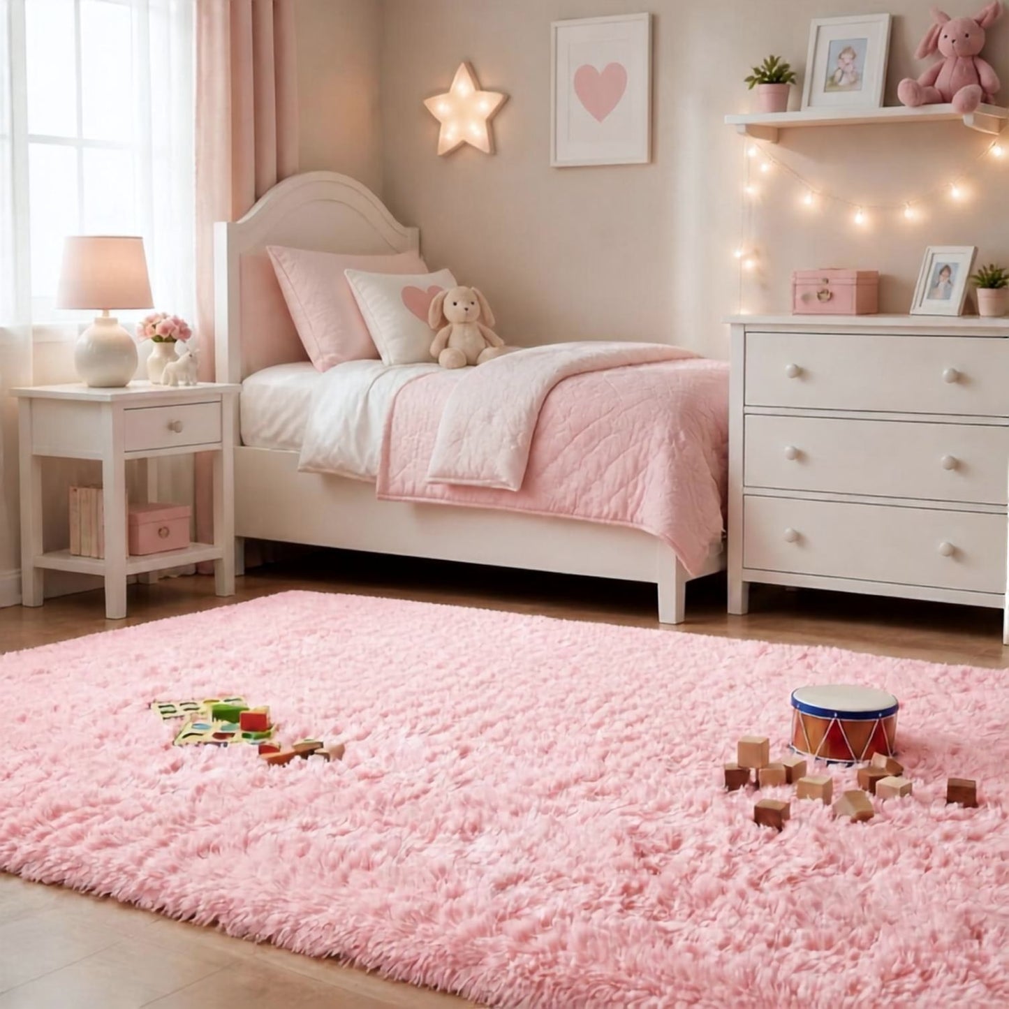 Fluffy Shag Area Rug elegantly styled to enhance modern farmhouse decor.