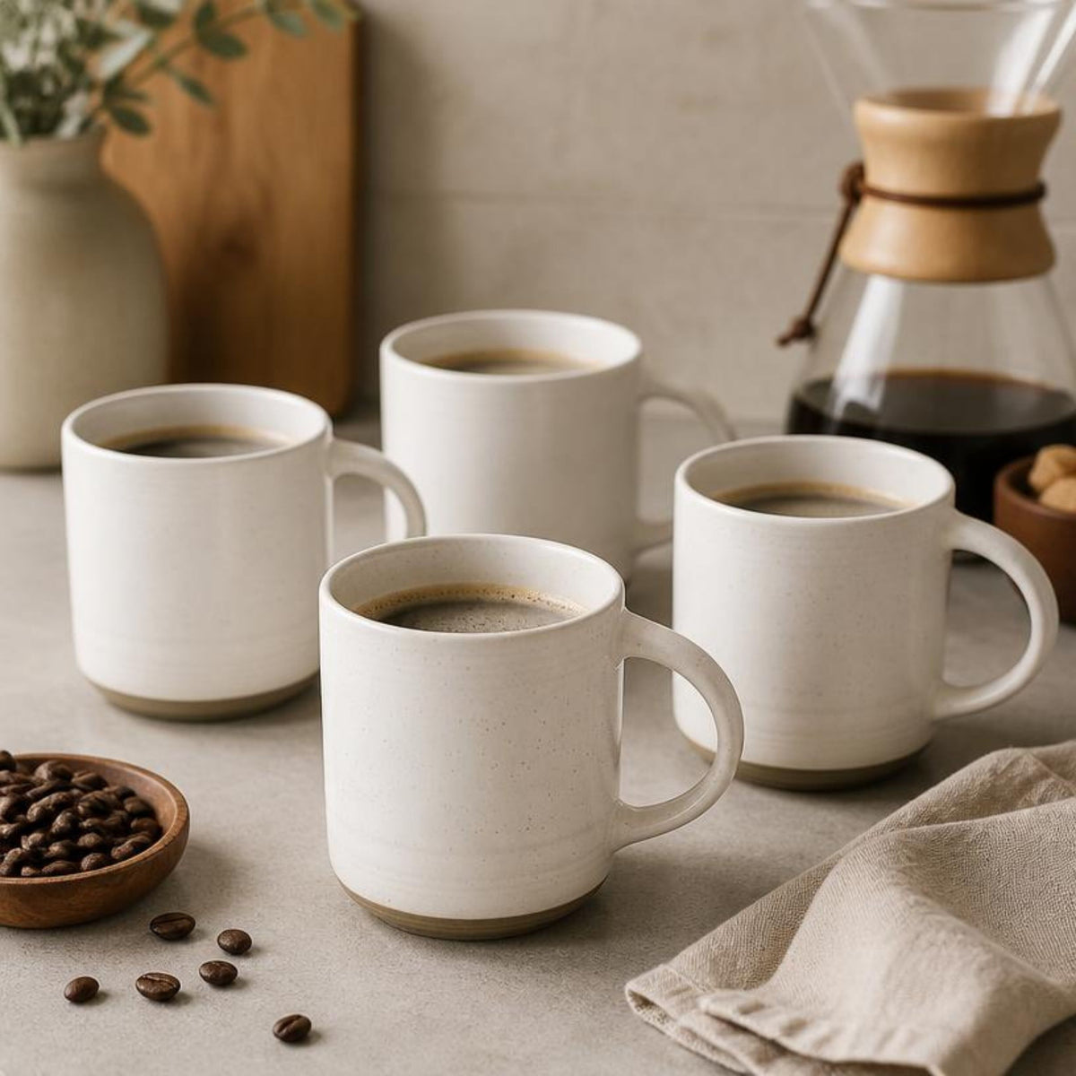 Bacimi 13.5 oz Stoneware Coffee Mug Set of 4, Handcrafted Ceramic Cups for Coffee, Tea & Lattes — stoneware coffee mug set in eggshell white with natural brown rims