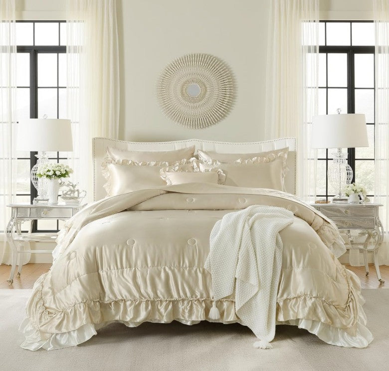 Relaxing vibe of the Beige Satin Ruffle Comforter Set elegantly laid over a plush mattress in a decorated bedroom.