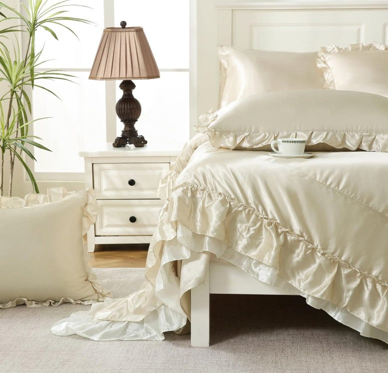 Serene bedroom scene showcasing the Beige Satin Comforter Set paired with soft lighting and complementary decor.