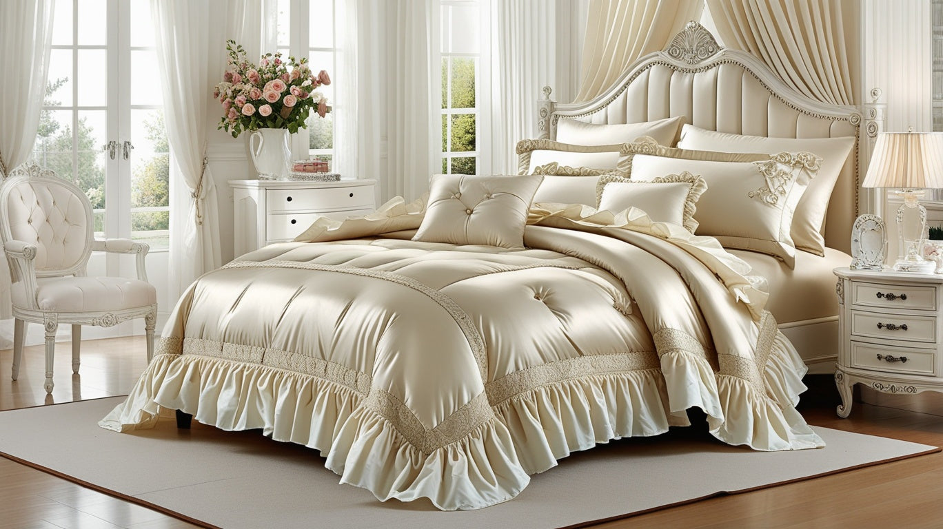 Beige Satin Ruffle Comforter Set displayed on a neatly made bed showcasing its silky texture and elegant ruffle details.