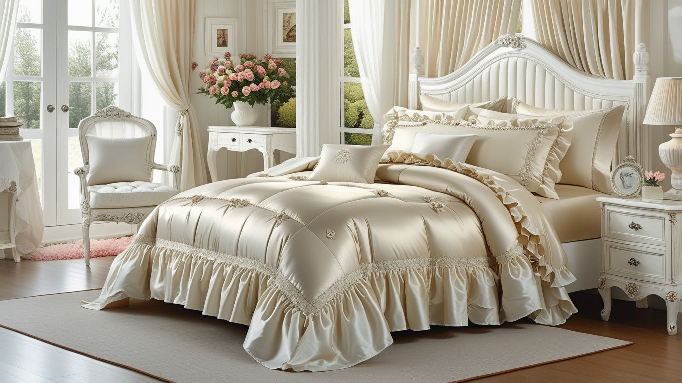 Close-up view of the Beige Satin Comforter Set highlighting the luxurious satin fabric and soft beige tones.