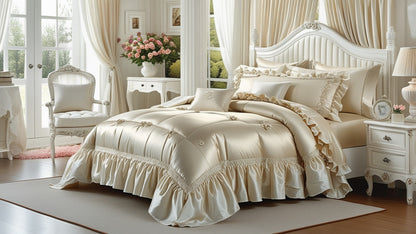 Close-up view of the Beige Satin Comforter Set highlighting the luxurious satin fabric and soft beige tones.