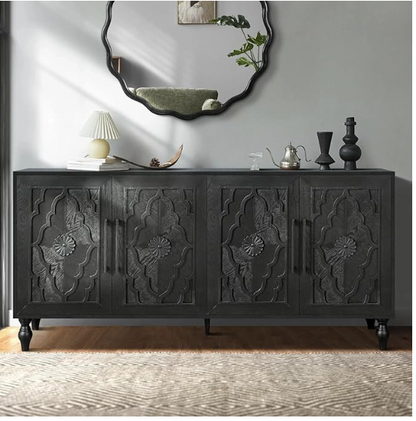 Elegant view of the Antique Black Carved Sideboard with Carved Flower Doors conveying high-end vintage appeal, showcasing its role as a functional antique carved sideboard.