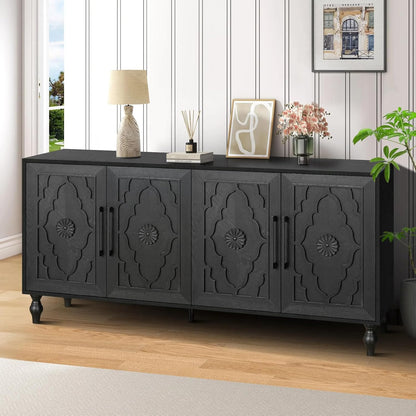 Stylish display of the Antique Black Carved Sideboard with Carved Flower Doors, paired with decorative elements for a designer-inspired look in your living or dining area using this antique carved sideboard.