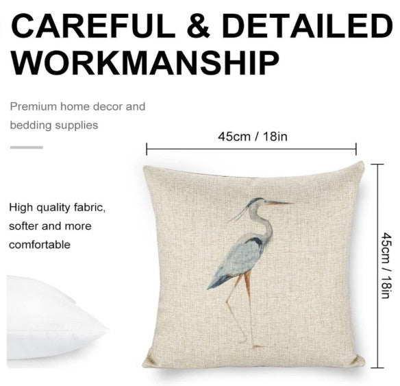 Icotoibabie Linen Throw Pillow Cover - Blue Egret Floral Coastal Decorative Cushion Case, farmhouse-style linen throw pillow cover with floral bird design