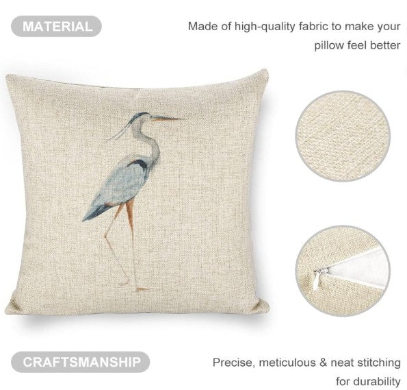 Icotoibabie Linen Throw Pillow Cover - Blue Egret Floral Coastal Decorative Cushion Case, washable linen throw pillow cover for couch and accent chair