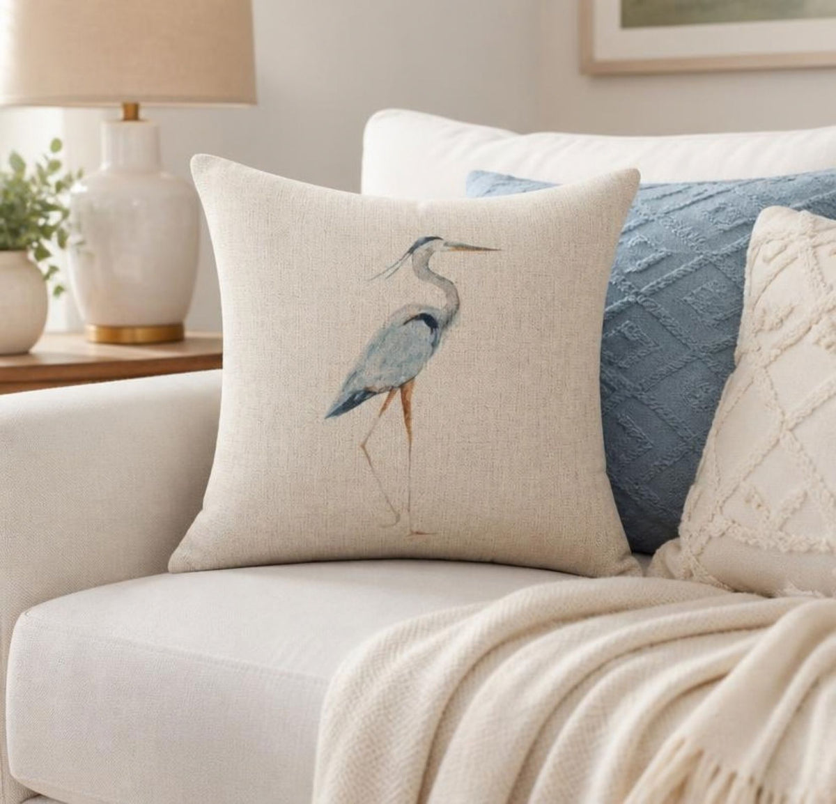 Icotoibabie Linen Throw Pillow Cover - Blue Egret Floral Coastal Decorative Cushion Case, coastal linen throw pillow cover available in multiple sizes