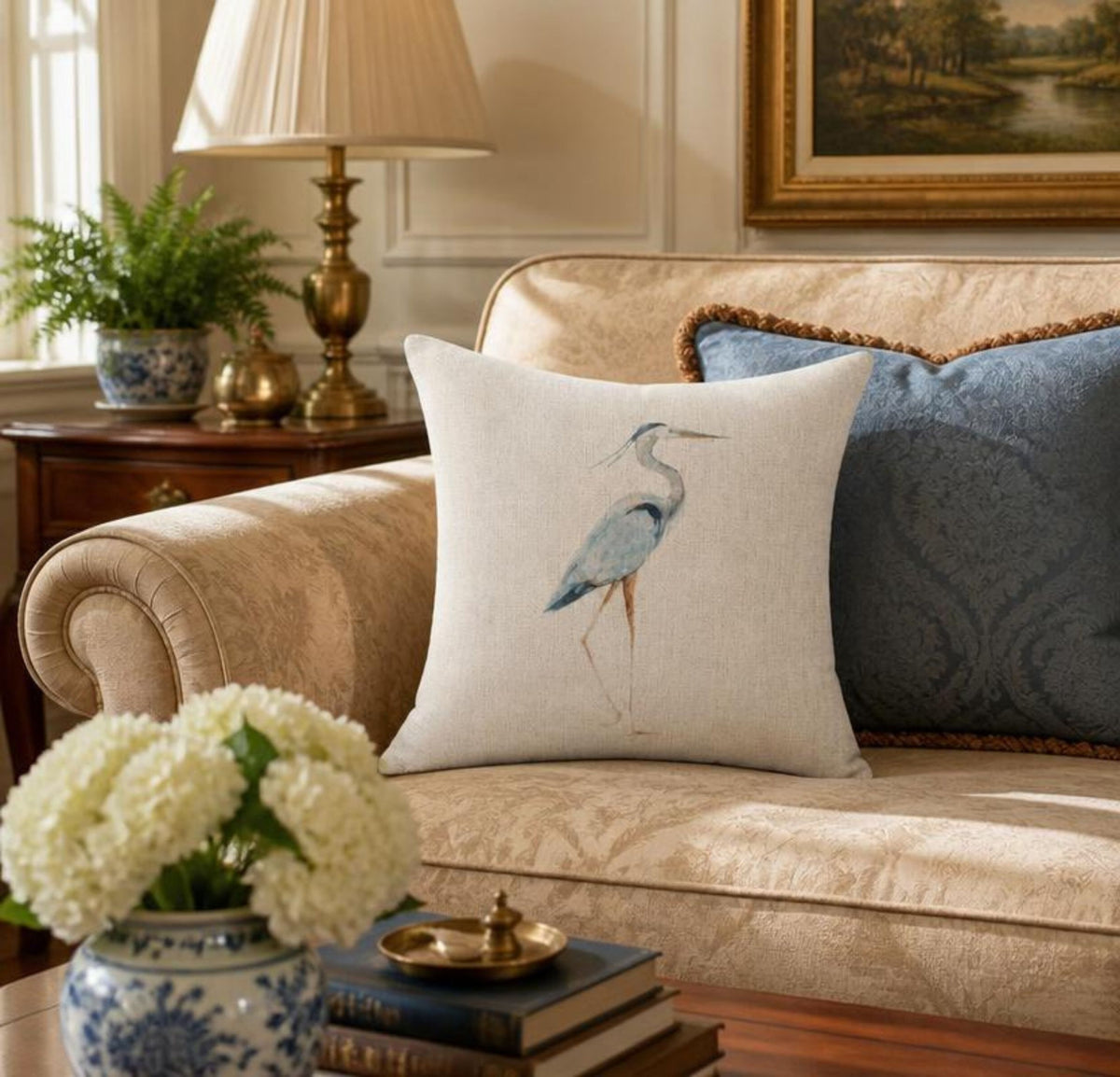 Icotoibabie Linen Throw Pillow Cover - Blue Egret Floral Coastal Decorative Cushion Case, linen throw pillow cover with watercolor egret design