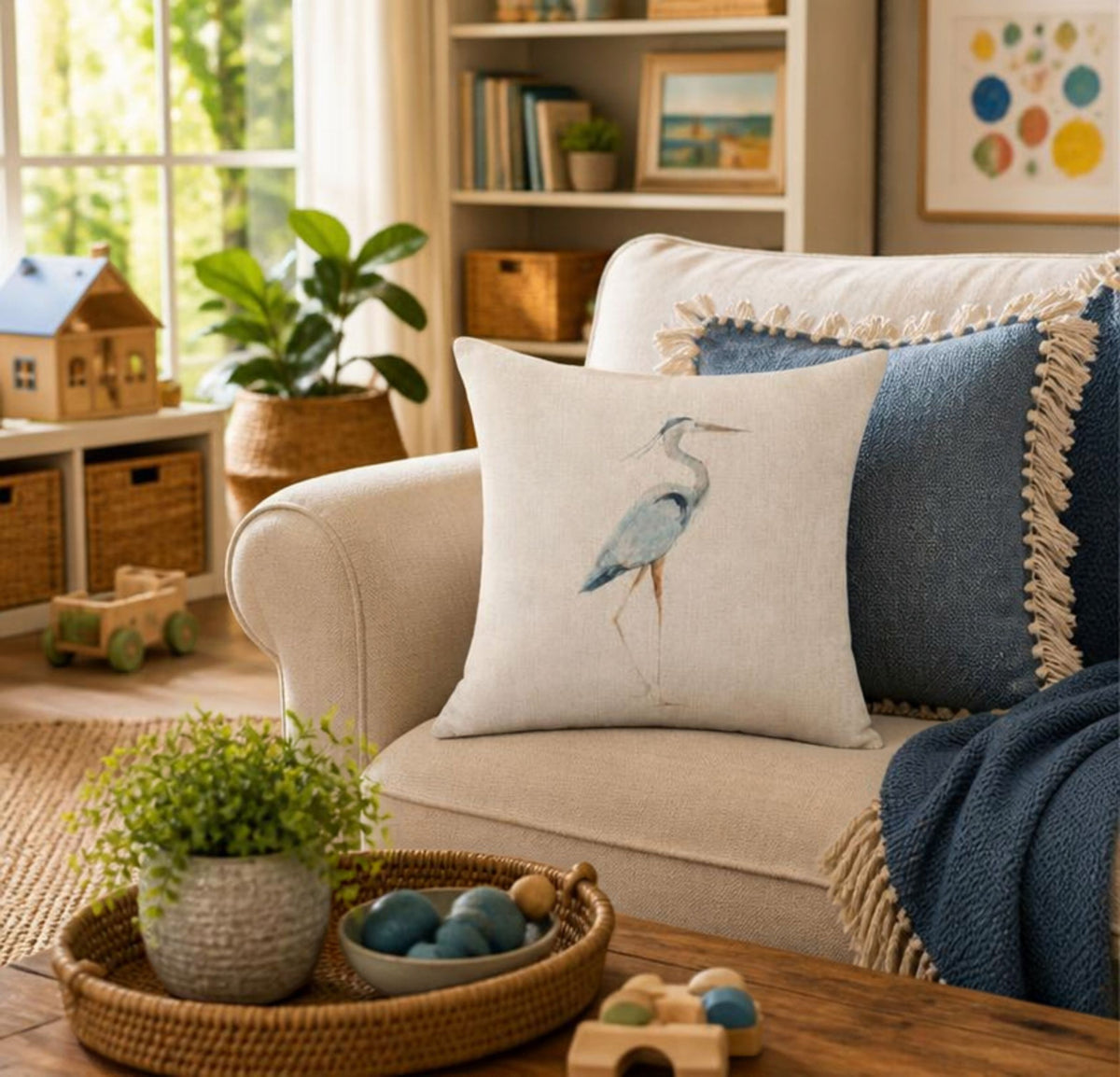 Icotoibabie Linen Throw Pillow Cover - Blue Egret Floral Coastal Decorative Cushion Case, elegant blue egret linen throw pillow cover for home styling