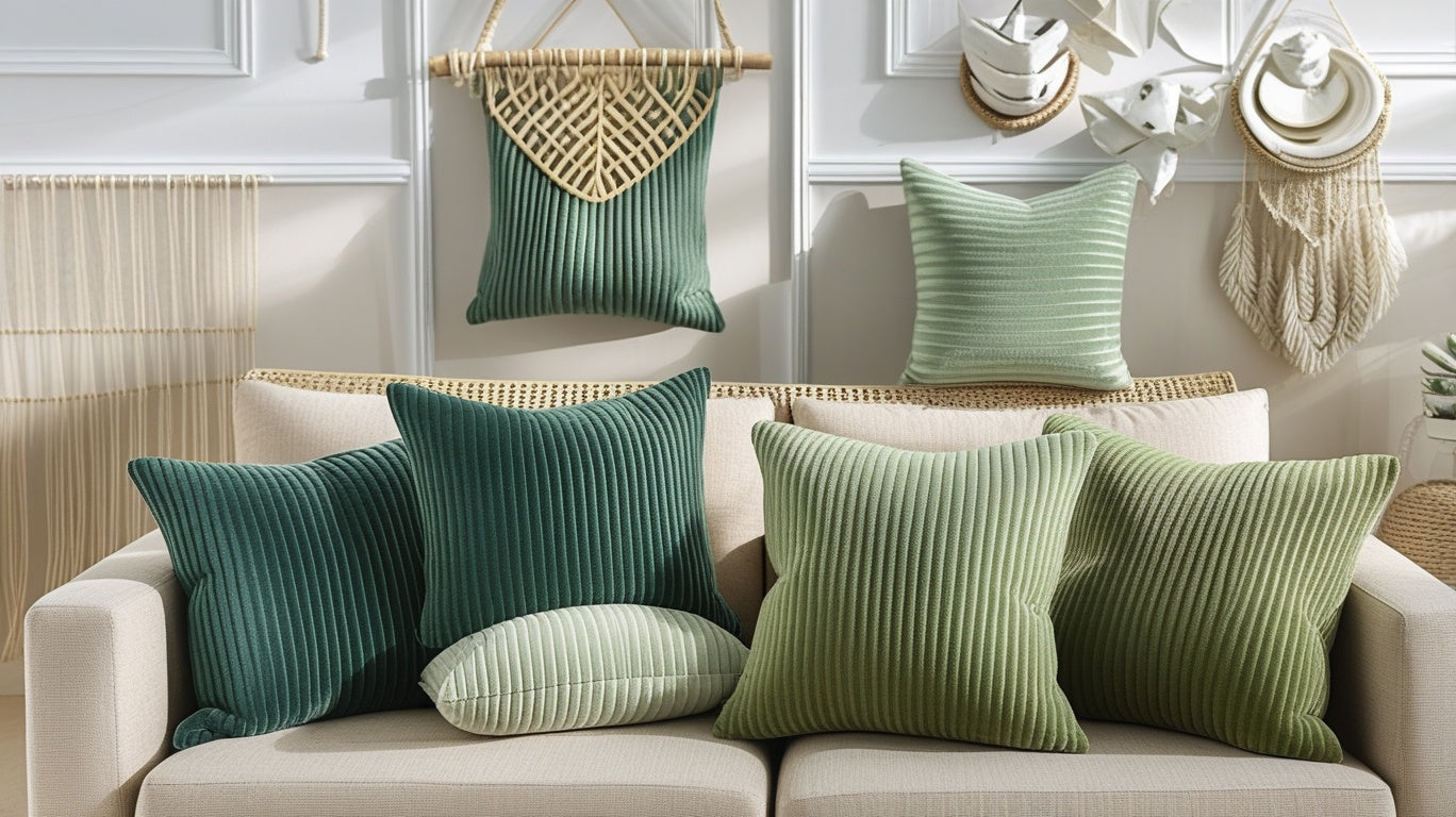 A set of green and sage green ribbed corduroy throw pillows arranged on a beige sofa in a styled living room setting with bohemian wall decor.