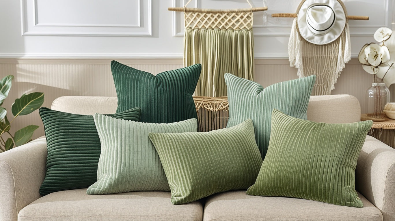 Six textured throw pillows in shades of green and sage are arranged on a beige sofa in a styled living room setting.