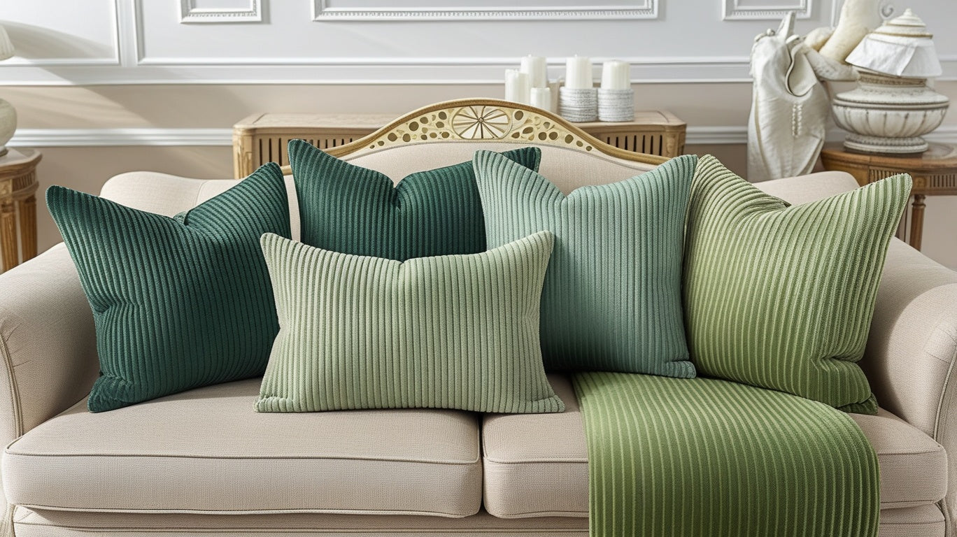 A set of green and teal ribbed decorative throw pillows and a matching green throw blanket styled on a cream-colored sofa in a bright, elegant living room.