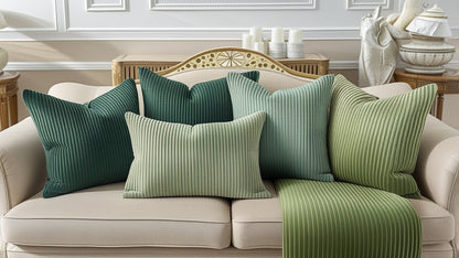A set of green and teal ribbed decorative throw pillows and a matching green throw blanket styled on a cream-colored sofa in a bright, elegant living room.