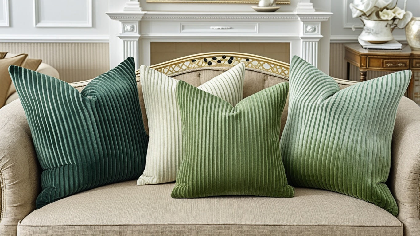 Four decorative throw pillows in green, teal, and cream corduroy fabric arranged on a beige sofa in front of a white fireplace mantel.