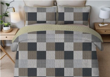 Davulos Plaid Patchwork Quilt Set Queen, 3-Piece Gray Reversible Microfiber Bedspread with Pillow Shams, decorative plaid quilt set with pillow shams