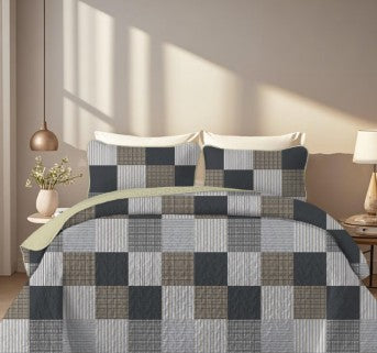 Davulos Plaid Patchwork Quilt Set Queen, 3-Piece Gray Reversible Microfiber Bedspread with Pillow Shams, year-round lightweight plaid quilt set
