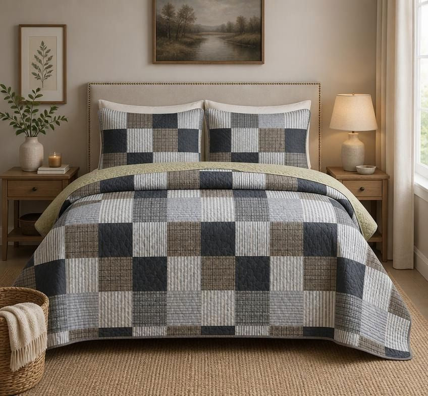 Davulos Plaid Patchwork Quilt Set Queen, 3-Piece Gray Reversible Microfiber Bedspread with Pillow Shams, cabin-inspired plaid quilt set styling