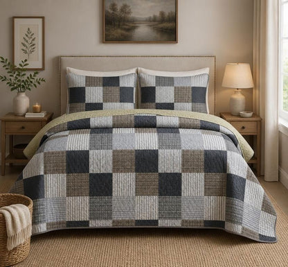 Davulos Plaid Patchwork Quilt Set Queen, 3-Piece Gray Reversible Microfiber Bedspread with Pillow Shams, cabin-inspired plaid quilt set styling