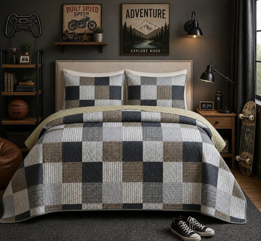 Davulos Plaid Patchwork Quilt Set Queen, 3-Piece Gray Reversible Microfiber Bedspread with Pillow Shams, full plaid quilt set bedding view