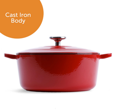 BK Bourgogne cast iron dutch oven, showcasing its glossy chili red exterior and practical cooking design.
