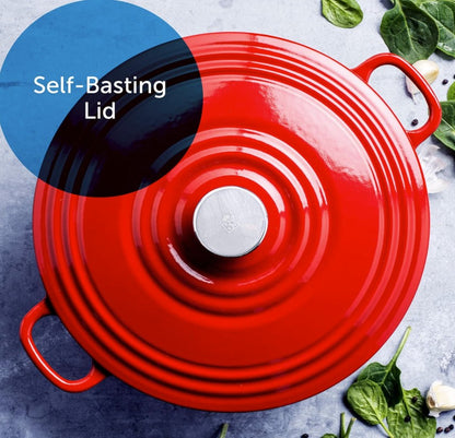 BK Bourgogne cast iron dutch oven on a kitchen countertop, highlighting its robust construction and elegant finish.