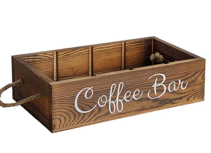 An elegant display of coffee accessories in the Rustic Farmhouse Coffee Bar Organizer, establishing it as a favorite farmhouse coffee organizer.