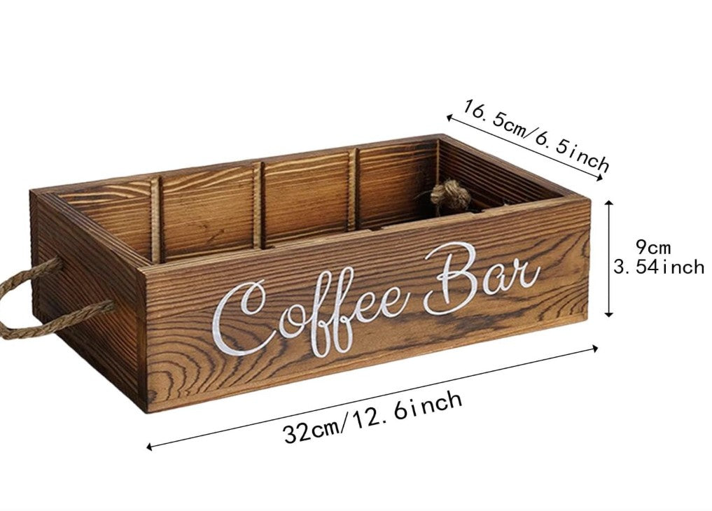 A stylish arrangement of cups and pods in the Rustic Farmhouse Coffee Bar Organizer, emphasizing its role as a farmhouse coffee organizer.