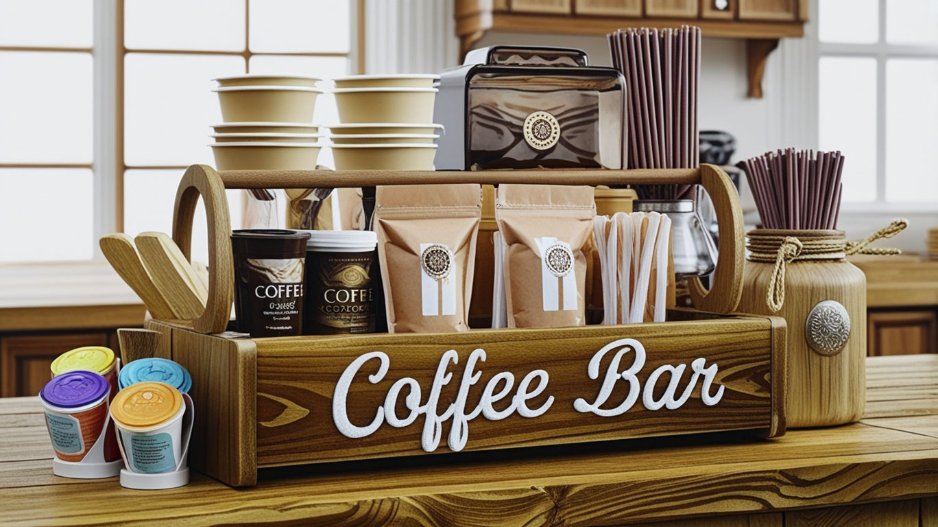 Rustic charm highlighted in the Farmhouse Coffee Bar Organizer with dividers, fitting perfectly in any coffee lover's home as a farmhouse coffee organizer.