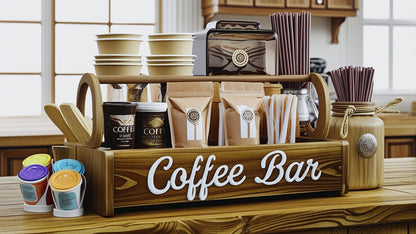 Rustic charm highlighted in the Farmhouse Coffee Bar Organizer with dividers, fitting perfectly in any coffee lover's home as a farmhouse coffee organizer.