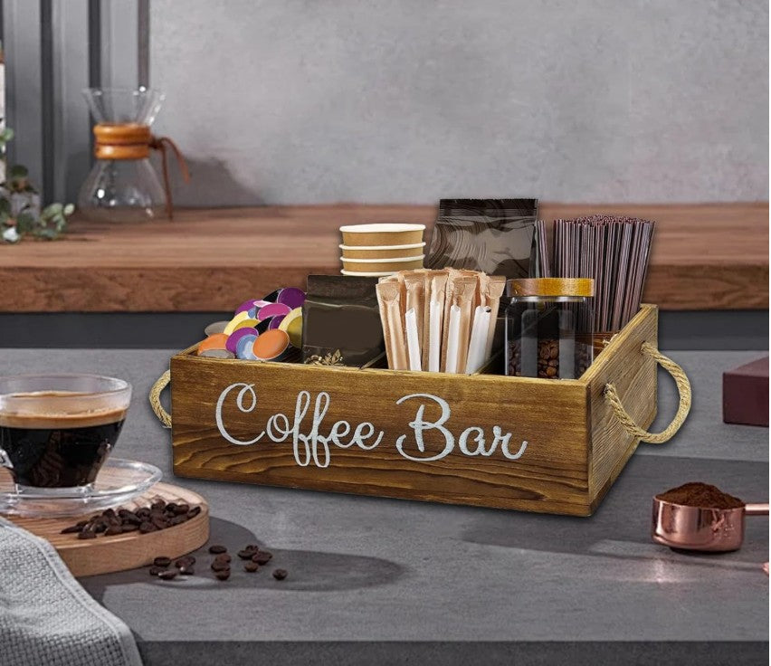 Close-up of the 'Coffee Bar' lettering on the Rustic Farmhouse Coffee Organizer, an excellent addition to your farmhouse coffee organizer collection.