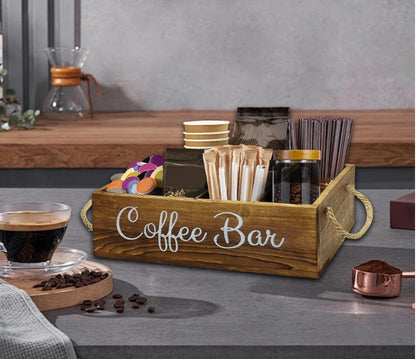 Close-up of the 'Coffee Bar' lettering on the Rustic Farmhouse Coffee Organizer, an excellent addition to your farmhouse coffee organizer collection.