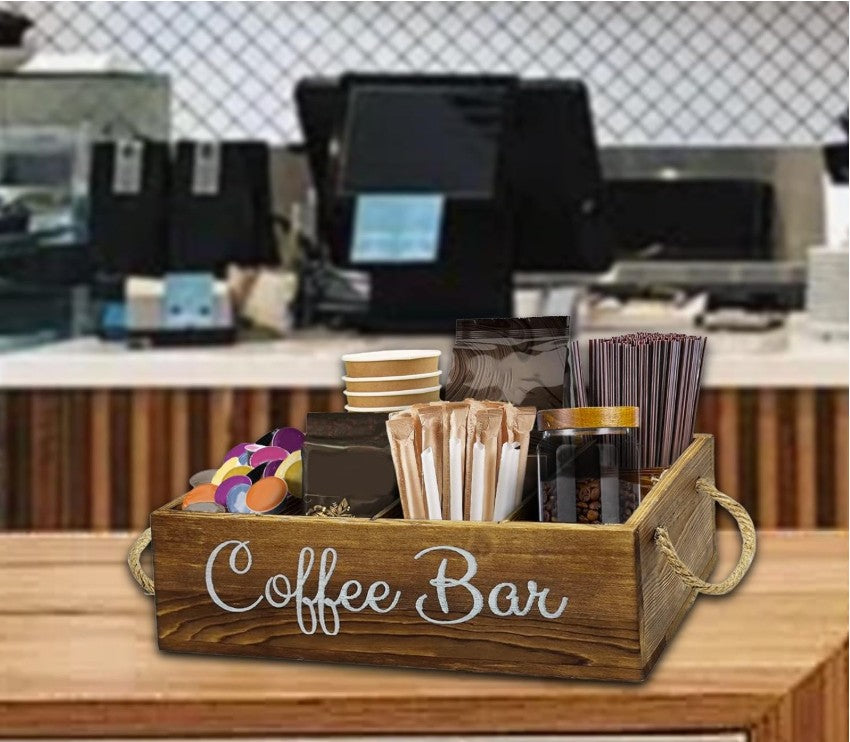 Functional compartments of the Rustic Farmhouse Coffee Bar Organizer, showcasing how it efficiently organizes your coffee setup as a farmhouse coffee organizer.