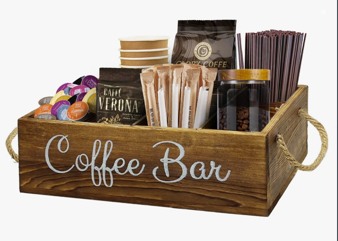The Rustic Farmhouse Coffee Bar Organizer styled with coffee cups, highlighting its charm and practicality as a farmhouse coffee organizer.