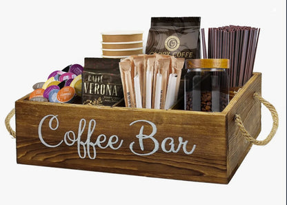 The Rustic Farmhouse Coffee Bar Organizer styled with coffee cups, highlighting its charm and practicality as a farmhouse coffee organizer.