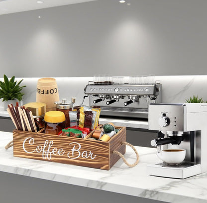 An attractive view of the Rustic Farmhouse Coffee Bar Organizer on a kitchen countertop, representing it as a chic farmhouse coffee organizer.