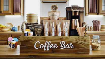 Sleek design features of the Rustic Farmhouse Coffee Bar Organizer, perfect for your home or office as an essential farmhouse coffee organizer.