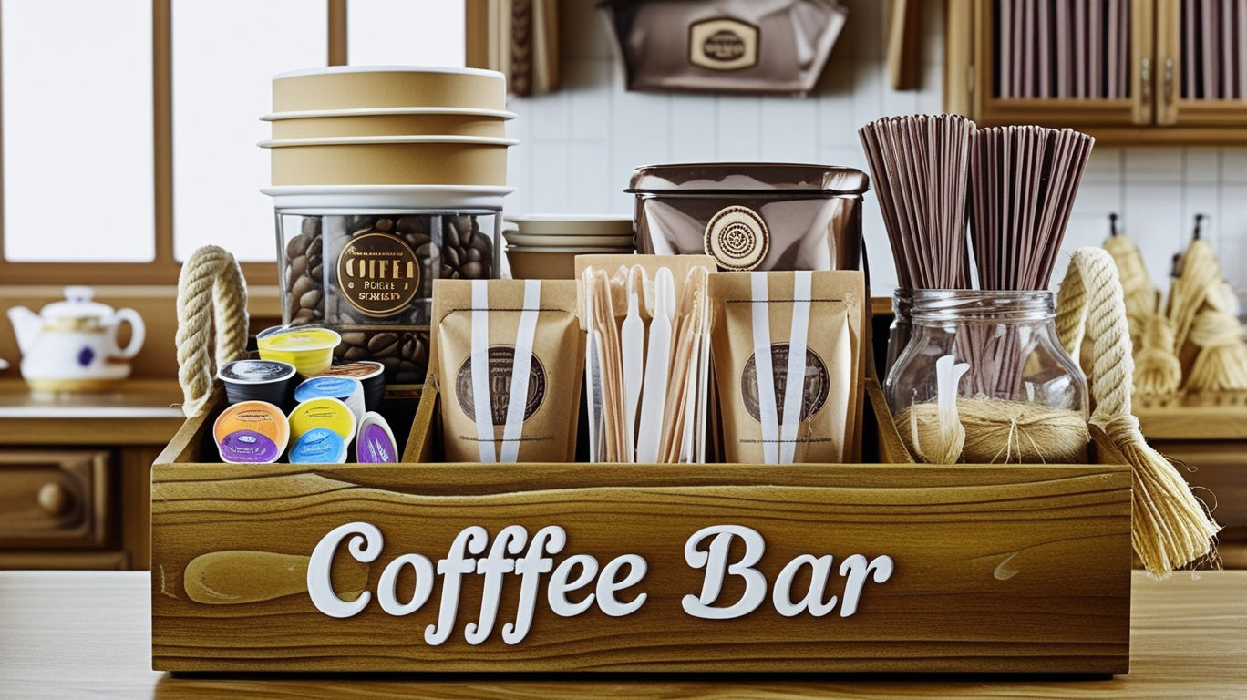 Gathered essentials within the Rustic Farmhouse Coffee Bar Organizer, emphasizing its need for organized coffee lovers as a farmhouse coffee organizer.