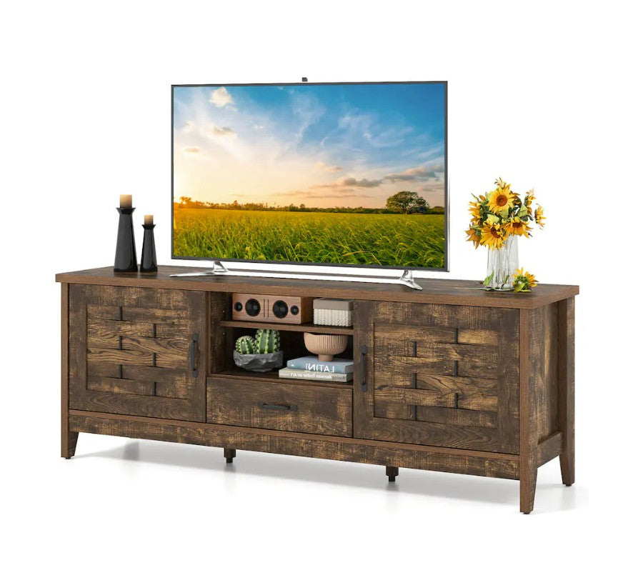 TV stand showcased in a beautifully arranged rustic farmhouse living room.