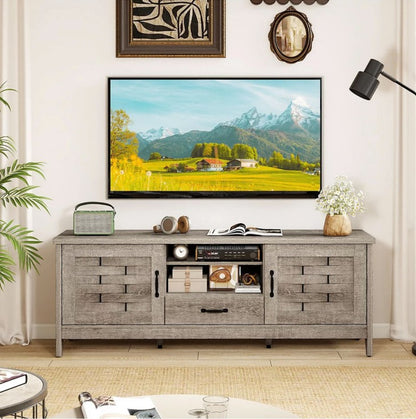 Storage options of the Rustic Farmhouse TV Stand, including adjustable shelves.