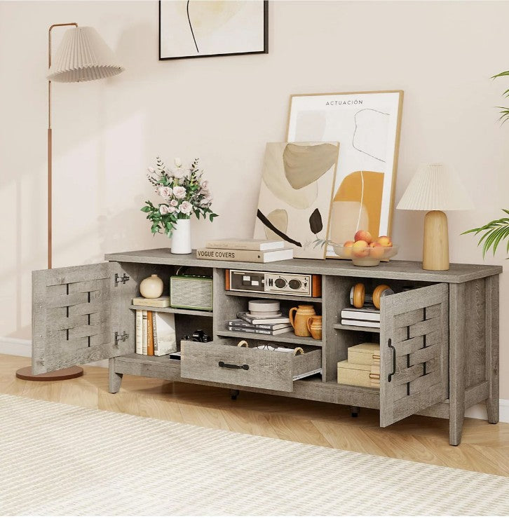 Detailed view of the Rustic Farmhouse TV Stand's woven cabinet doors.